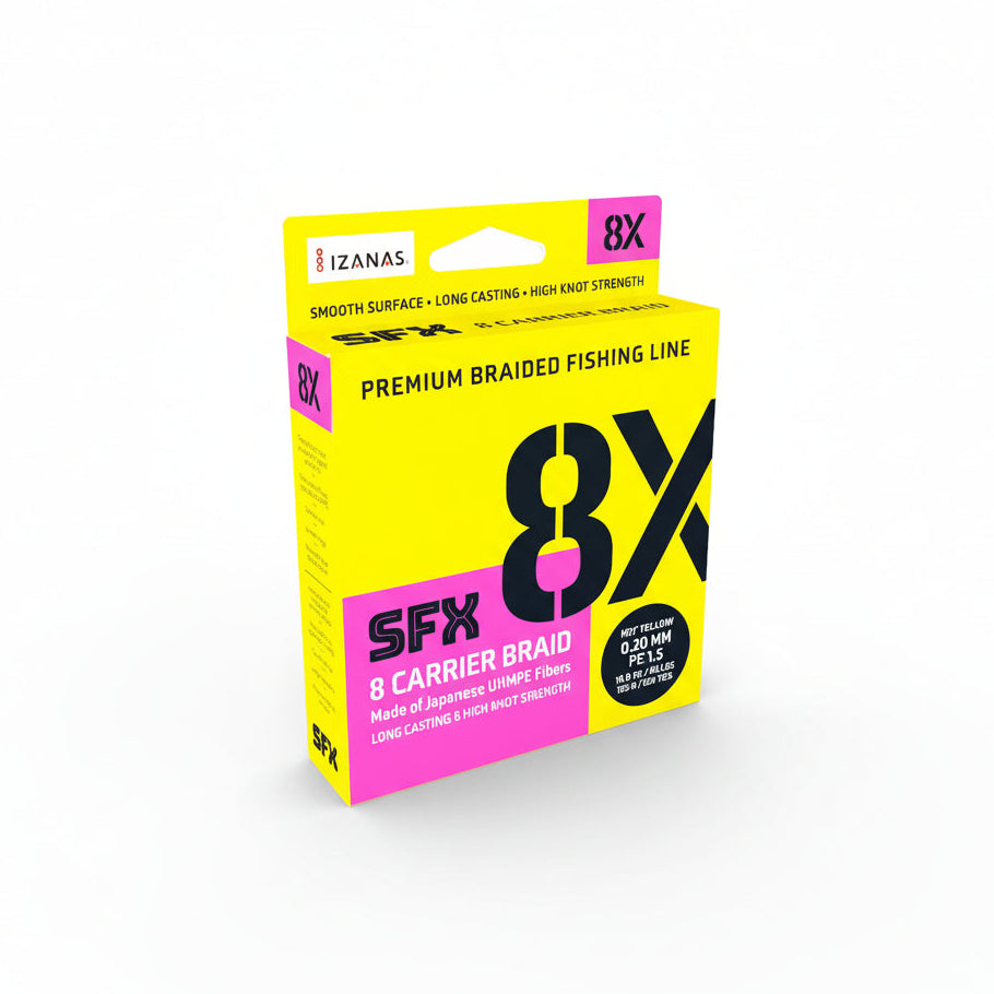 Yellow and pink packaging of SFX 8X braided fishing line on a white background