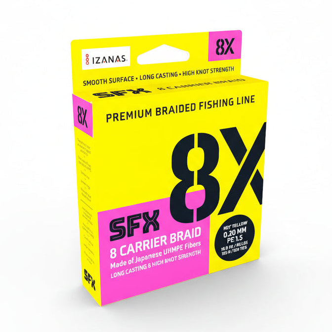 Yellow and pink packaging of SFX 8X braided fishing line on a white background