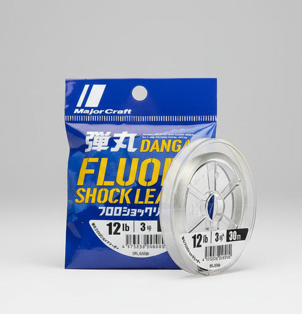 Major Craft fluoro shock leader fishing line packaging on a gradient background