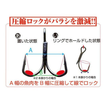 A product diagram with Japanese text showing a black and red fish hook or fishing accessory with red end caps, plus a small inset of the hook alone. The main panel explains a locking mechanism with arrows and labels A and B.