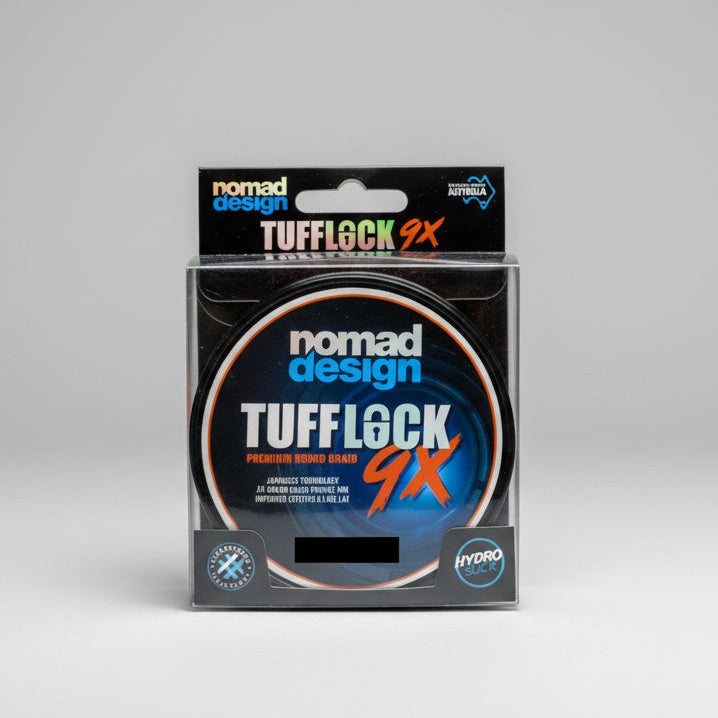 Packaged Tufflock 9X fishing line with Nomad Design branding on a white background